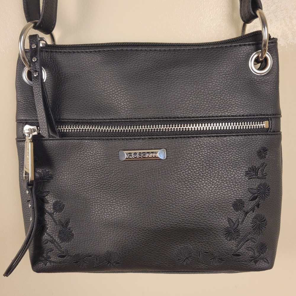 Rosetti Black Faux Leather Floral Embroidered Crossbody Bag Silver Hardware 0511